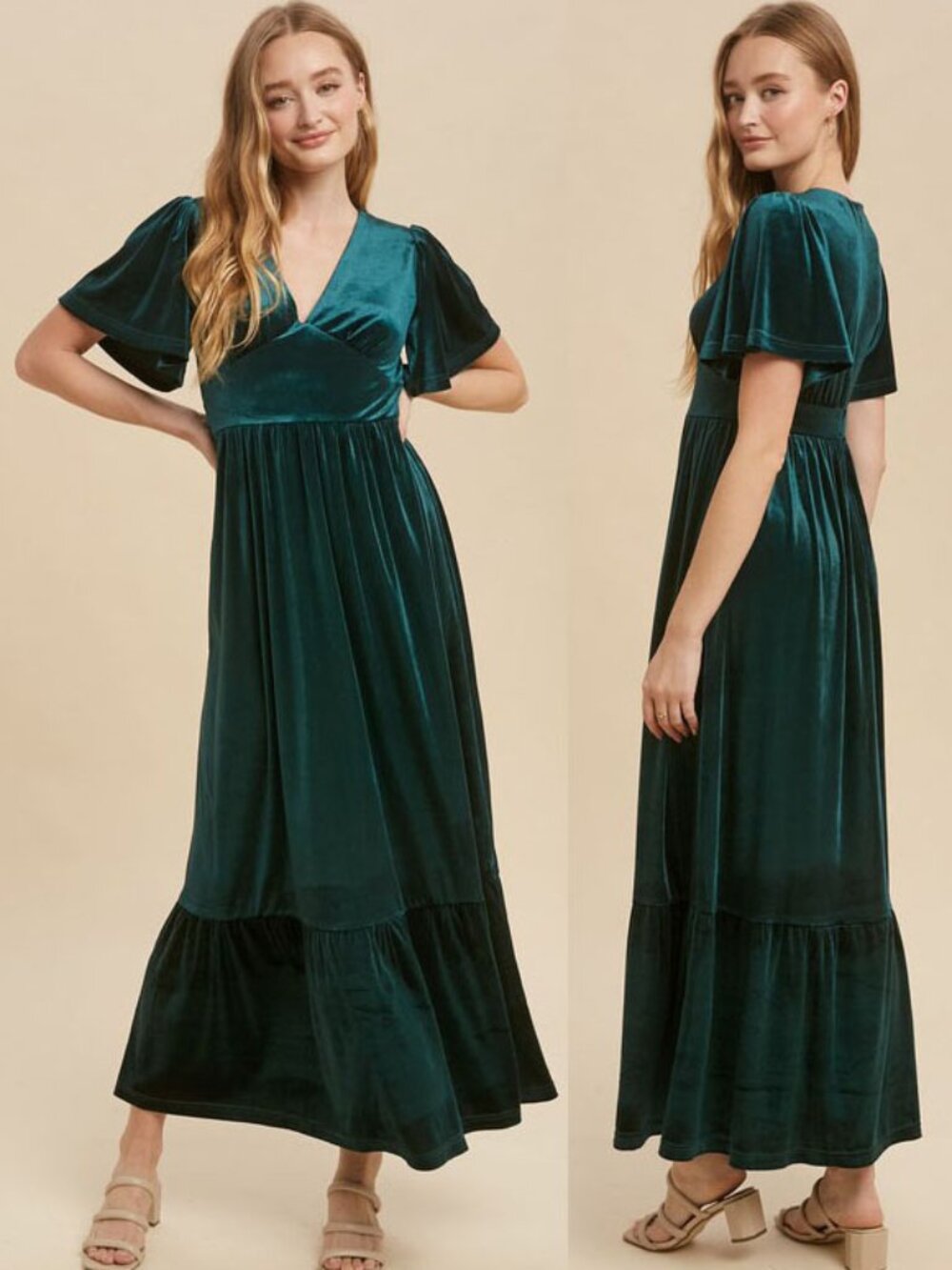 Emerald Green Flutter Sleeve Velvet Cocktail Formal Maxi Dress 4